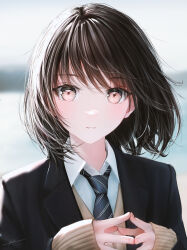 Rule 34 | 1girl, black suit, blue necktie, blurry, blurry background, brown vest, collared shirt, day, formal, hair over shoulder, highres, light blush, long sleeves, looking at viewer, medium hair, necktie, ojay tkym, original, outdoors, own hands together, parted lips, pink eyes, shirt, smile, solo, standing, steepled fingers, suit, sunlight, teeth, upper body, vest, white shirt