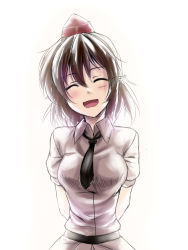 Rule 34 | 1girl, ^ ^, arms behind back, blush, brown hair, chaigidhiell, closed eyes, dress shirt, closed eyes, facing viewer, female focus, hat, highres, necktie, open mouth, pointy ears, shameimaru aya, shirt, short hair, smile, solo, tokin hat, touhou
