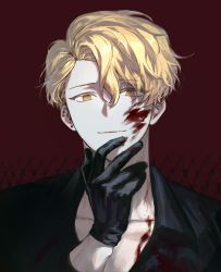 Rule 34 | 1boy, black gloves, black jacket, blonde hair, blood, blood on clothes, blood on face, closed mouth, commission, earrings, gloves, highres, jacket, jewelry, kkxmxx, looking at viewer, male focus, multiple earrings, original, red background, short hair, simple background, smile, solo, upper body, yellow eyes