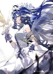 Rule 34 | 1girl, arknights, astesia (arknights), astesia (frlibe on the palace) (arknights), bird, blue eyes, blue hair, breasts, cowboy shot, dadijiji, dress, from side, gloves, hair ornament, highres, holding, holding microphone, long hair, looking at viewer, looking to the side, medium breasts, microphone, official alternate costume, parted lips, see-through, simple background, sleeveless, sleeveless dress, solo, sparkling eyes, very long hair, white background, white dress, white gloves