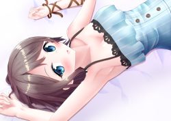 Rule 34 | 1girl, :o, aqua dress, aqua eyes, aqua shirt, arm ribbon, artist name, artist request, bare shoulders, blue dress, blue eyes, blush, bow, breasts, brown hair, buttons, cleavage, clenched hand, collarbone, dress, female focus, grey hair, hair between eyes, highres, jewelry, light brown hair, looking at viewer, love live!, love live! school idol festival, love live! sunshine!!, medium breasts, parted lips, ribbon, shirt, short hair, smile, solo, striped clothes, striped dress, upper body, upside-down, vertical-striped clothes, vertical-striped dress, watanabe you