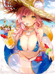 Rule 34 | 3girls, absurdres, animal ear fluff, animal ears, ball, bikini, blue bikini, blue ribbon, blurry, blurry background, bracelet, breasts, cleavage, cloud, cloudy sky, covered erect nipples, cropped, day, drink, ears through headwear, fate/grand order, fate (series), food, fou (fate), fox ears, fox tail, fruit, hair ribbon, hat, highres, holding, hougu souji, innertube, jewelry, large breasts, leaning forward, long hair, looking at viewer, mouth hold, multiple girls, necklace, ocean, outdoors, pink hair, ribbon, scan, sky, smile, spoon, starfish, straw hat, strawberry, sun hat, swim ring, swimsuit, tail, tamamo (fate), tamamo no mae (fate/extra), tamamo no mae (swimsuit lancer) (fate), utensil in mouth, yellow eyes
