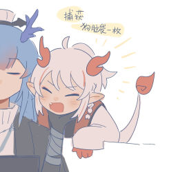 Rule 34 | 2girls, :d, arknights, black gloves, black jacket, black shirt, blue hair, blush, closed eyes, dragon girl, dragon horns, dragon tail, fang, gloves, grey hair, horns, jacket, ling (arknights), long sleeves, multicolored hair, multiple girls, nian (arknights), open mouth, pointy ears, ponytail, red hair, shirt, siblings, sifeizui, simple background, sisters, sleeves past wrists, smile, streaked hair, sweater, tail, translation request, turtleneck, turtleneck sweater, upper body, white background, white jacket, white sweater