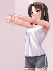 Rule 34 | 1girl, :&lt;, absurdres, bare arms, bare shoulders, black hair, blush, breasts, camisole, closed mouth, commentary, cowboy shot, dolphin shorts, expressionless, grey shorts, highres, john doe shinobu, looking afar, looking ahead, original, outstretched arms, purple eyes, short hair, short shorts, shorts, simple background, small breasts, solo, stretching, variant set, white camisole