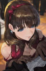 1girl blue_eyes blush bow breasts brown_hair cleavage clothing_cutout earrings elbow_gloves fishnet_gloves fishnets gloves hairband highres idolmaster idolmaster_cinderella_girls jewelry looking_at_viewer modare red_ribbon ribbon sakuma_mayu short_hair shoulder_cutout smile solo_focus