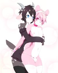 Rule 34 | 2boys, androgynous, animal ears, bear, berry valentine, black hair, blue eyes, borrowed character, bulge, chatai (character), choker, crossdressing, freckles, furry, furry male, goat, hairband, hand on ass, heart, heart-shaped pupils, highres, horns, hoshi (nedoiko), hug, hug from behind, male focus, multiple boys, nipples, original, panties, pink eyes, pink hair, ribbon, smile, sweater, symbol-shaped pupils, tail, thighhighs, topless male, trap, trap on trap, underwear, wristband, yaoi
