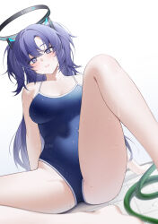 Rule 34 | 1girl, alternate costume, arm support, barefoot, bechu, black halo, blue archive, blue eyes, blue hair, blue one-piece swimsuit, blurry, blurry foreground, blush, breasts, collarbone, commentary request, competition school swimsuit, covered navel, dark blue hair, depth of field, dutch angle, feet out of frame, gradient background, groin tendon, hair between eyes, hair ornament, halo, highres, hose, knee up, korean commentary, long hair, looking at viewer, mechanical halo, medium breasts, on floor, one-piece swimsuit, parted bangs, parted lips, partial commentary, red pupils, revision, sample watermark, school swimsuit, sitting, solo, spread legs, swimsuit, thighs, tile floor, tiles, two side up, very long hair, watermark, wet, wet clothes, wet hair, wet swimsuit, white background, yuuka (blue archive)