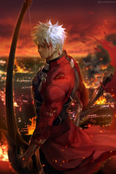 Rule 34 | 1boy, archer (fate), artist name, blood, blood from mouth, blood on face, bow (weapon), burning, burning building, clothing request, dark-skinned male, dark skin, fate/stay night, fate (series), fire, from side, half-closed eyes, highres, holding, holding bow (weapon), holding weapon, injury, jacket, kim yura (goddess mechanic), long sleeves, male focus, muscular, muscular male, red jacket, red sky, serious, short hair, sky, smoke, solo, torn clothes, weapon, white hair