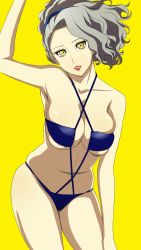 Rule 34 | 1girl, absurdres, bikini, breasts, highres, large breasts, looking at viewer, margaret, persona, persona 4, silver hair, solo, swimsuit, yellow background, yellow eyes