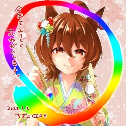 Rule 34 | 1girl, 2023, absurdres, agnes tachyon (umamusume), ahoge, animal ears, brown hair, chigyo, closed mouth, floral print, hagoita, hair between eyes, hair ornament, hands up, highres, holding, holding brush, holding paddle, horse ears, japanese clothes, kimono, licking lips, looking at viewer, medium hair, new year, paddle, red eyes, solo, tongue, tongue out, translation request, umamusume, upper body, yellow kimono, yukata