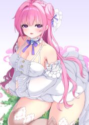 Rule 34 | 1girl, bare shoulders, bluekalmia, blush, breasts, closed mouth, detached sleeves, dorothy (nikke), dress, frilled dress, frills, goddess of victory: nikke, hair bun, highres, large breasts, long hair, open mouth, pink hair, purple eyes, ribbon, single side bun, skirt, solo, thighhighs, thighs, very long hair