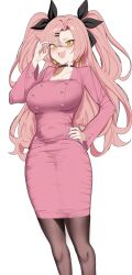 Rule 34 | 1girl, absurdres, alternate costume, black pantyhose, blush, breasts, collarbone, dress, feet out of frame, glasses, green eyes, highres, large breasts, long hair, nicole demara, office lady, pantyhose, pink dress, pink hair, sally (luna-arts), simple background, solo, twintails, white background, zenless zone zero