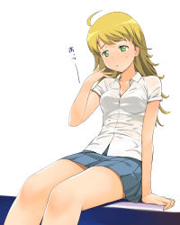 Rule 34 | 1girl, a1 (initial-g), absurdres, ahoge, arm support, blonde hair, bra, breasts, female focus, green eyes, highres, hoshii miki, hot, idolmaster, idolmaster (classic), legs, lingerie, long hair, school uniform, see-through, shirt, simple background, sitting, skirt, solo, sweat, underwear, white background