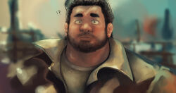 Rule 34 | !?, 1boy, absurdres, bara, beard stubble, blurry, blurry background, coat, facial hair, fat, fat man, highres, koto (32456033), looking at viewer, male focus, mature male, mustache stubble, original, portrait, sanpaku, short hair, solo, straight hair, stubble, surprised, thick neck, ugly man, wide-eyed, wind