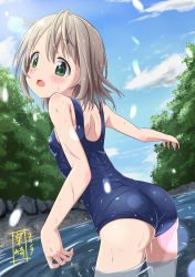 Rule 34 | 1girl, ass, bare shoulders, blue sky, blue one-piece swimsuit, commentary request, day, from behind, green eyes, grey hair, hair ornament, highres, kohshibasaki, looking at viewer, looking back, one-piece swimsuit, open mouth, outdoors, river, school swimsuit, short hair, shoulder blades, sky, solo, sunlight, swimsuit, tree, water, wet, yama no susume, yukimura aoi