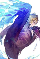 Rule 34 | 1boy, black gloves, black shirt, blonde hair, blue eyes, blue fire, clenched teeth, collared shirt, curly eyebrows, facial hair, fire, gloves, goatee, high kick, highres, jacket, jyukawa, kicking, looking at viewer, one piece, pants, purple jacket, purple pants, sanji (one piece), shirt, short hair, simple background, solo, teeth, white background