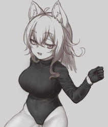 Rule 34 | 1girl, ahoge, animal ears, blush, breasts, cameltoe, cat ears, character request, copyright request, gloves, greyscale, heattech leotard, large breasts, leotard, long hair, long sleeves, looking at viewer, monochrome, nyifu, open mouth, smile, solo, sweater, teeth, thick thighs, thighs, turtleneck, turtleneck sweater