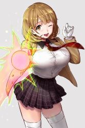 Rule 34 | 10s, 1girl, breasts, brown eyes, brown hair, energy gun, gloves, hair ornament, hairclip, highres, huge breasts, matching hair/eyes, narusawa ryouka, occultic;nine, one eye closed, open mouth, ray gun, reco (fortunequest), shirt tucked in, short hair, skirt, solo, thighhighs, weapon