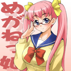 Rule 34 | 1girl, cardigan, glasses, lowres, original, school uniform, serafuku, solo, takurou, takurou (mix fry), twintails
