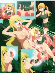 Rule 34 | 2girls, armpits, arms behind head, arms up, artist name, bare shoulders, blonde hair, blue eyes, blue willow, breasts, cleavage, comic, crisis, crop top, felarya, giant, giantess, large breasts, long hair, long tongue, midriff, multiple girls, navel, no nipples, outdoors, ponytail, purple eyes, saliva, swallowing, tears, throat bulge, tongue, tongue out, vore