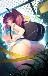 Rule 34 | 1girl, ass, azur lane, bare shoulders, blurry, bow, breasts, bremerton (azur lane), bremerton (scorching-hot training) (azur lane), commentary request, covered erect nipples, crop top, day, depth of field, from below, grass, grey hair, hair between eyes, hair bow, hair ornament, hairclip, heart, heart necklace, highres, jewelry, large breasts, long hair, looking at viewer, manjuu (azur lane), multicolored hair, necklace, niccya, no bra, no mole, outdoors, panties, pink hair, see-through, sky, sportswear, streaked hair, tennis uniform, tongue, tongue out, twintails, two-tone hair, two-tone shirt, two-tone skirt, underboob, underwear, wet, wet clothes, wet panties, white panties, x hair ornament