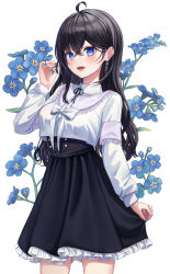 Rule 34 | 1girl, :d, absurdres, ahoge, black hair, black skirt, blue eyes, blue flower, blue nails, breasts, collared shirt, commentary, dress shirt, earrings, floral background, flower, frilled skirt, frills, funii, hair between eyes, hand up, highres, jewelry, long hair, long sleeves, looking at viewer, medium breasts, nail polish, open mouth, original, pleated skirt, shirt, skirt, smile, solo, symbol-only commentary, teeth, upper teeth only, very long hair, white background, white shirt