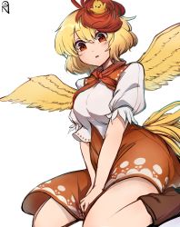 Rule 34 | 1girl, animal, animal on head, bird, bird on head, bird tail, bird wings, blonde hair, boots, breasts, brown footwear, chick, collared dress, commentary request, dress, feathered wings, highres, medium breasts, multicolored hair, neckerchief, niwatari kutaka, on head, open mouth, orange dress, orange eyes, parted lips, puffy short sleeves, puffy sleeves, red hair, red neckerchief, shirt, shishui guima, short hair, short sleeves, simple background, sitting, solo, tail, touhou, two-tone hair, wariza, white background, white shirt, wings, yellow wings