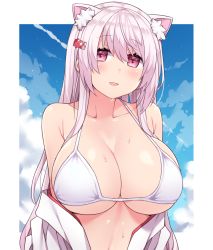 Rule 34 | 1girl, amane hasuhito, animal ears, bare shoulders, bikini, blush, breasts, cat ears, cleavage, cloud, collarbone, day, hair between eyes, hair ornament, hairclip, large breasts, long hair, looking at viewer, nijisanji, off shoulder, open clothes, open mouth, pink hair, shiina yuika, sky, solo, sweat, swimsuit, virtual youtuber, white bikini, white hair