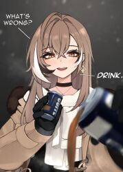Rule 34 | 1girl, ahoge, black choker, black gloves, blush, brown eyes, brown hair, can, canned coffee, choker, coat, coffee, drink can, ear ornament, earrings, eyelashes, eyeliner, gloves, hair between eyes, hair intakes, highres, holding, holding can, hololive, hololive english, jewelry, long hair, looking at viewer, m r b, makeup, multicolored hair, nanashi mumei, nanashi mumei (casual), necklace, scarf, shirt, sidelocks, smile, solo, streaked hair, virtual youtuber, white scarf, white shirt, winter, winter clothes, winter coat