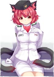 Rule 34 | 1girl, alternate costume, animal ears, blush, breasts, cat ears, character name, extra ears, gloves, hand on own chest, head tilt, highres, jacket, kaenbyou rin, looking at viewer, medium breasts, military, military jacket, military uniform, miniskirt, multiple tails, pointy ears, psychopath idiot, red hair, sitting, skirt, smile, solo, stairs, tail, thighs, touhou, turtleneck, two tails, uniform, white background, white gloves, white jacket, white skirt