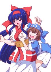 Rule 34 | 2girls, ainu clothes, blue eyes, blue hair, blush, breast awe, breast envy, breasts, brown eyes, brown hair, fingerless gloves, gloves, grabbing another&#039;s breast, grabbing from behind, groping, hair ribbon, highres, large breasts, legs, long hair, multiple girls, nakoruru, open mouth, pants, ribbon, rimururu, samurai spirits, shorts, siblings, sisters, snk, surprised, sweatdrop, thighs, very long hair, wide-eyed