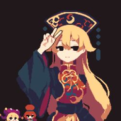 Rule 34 | 3girls, 4qw5, arm up, black dress, blonde hair, breasts, brown background, chibi, closed mouth, clownpiece, dark background, dress, expressionless, gold trim, hat, hecatia lapislazuli, jester cap, jitome, junko (touhou), long hair, looking at viewer, medium breasts, multiple girls, phoenix crown, pixel art, solo focus, tabard, touhou, v, very long hair, wide sleeves