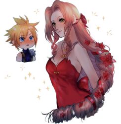 Rule 34 | 1boy, 1girl, aerith gainsborough, aerith gainsborough (red dress), armor, arms behind back, back bow, bare shoulders, blonde hair, blue eyes, blush, bow, breasts, brown hair, chibi, cleavage, cloud strife, dress, final fantasy, final fantasy vii, final fantasy vii remake, flamenco dress, flower, gold necklace, green eyes, hair between eyes, hair flower, hair ornament, hair ribbon, jewelry, long hair, medium breasts, necklace, official alternate costume, parted bangs, parted lips, red dress, red flower, red ribbon, ribbon, ringlets, sera (serappi), short hair, shoulder armor, sidelocks, single bare shoulder, sleeveless, sleeveless turtleneck, smile, sparkle, square enix, star (symbol), star necklace, strapless, strapless dress, turtleneck, upper body, wall market, wavy hair, white background, wide-eyed