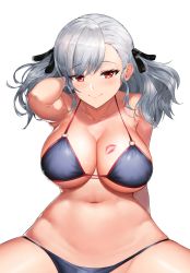Rule 34 | 1girl, absurdres, alternate costume, arm behind back, arm behind head, bad id, bad pixiv id, bare shoulders, bikini, black ribbon, blue bikini, blush, breasts, cleavage, collarbone, girls&#039; frontline, greem bang, hair ribbon, highres, huge filesize, large breasts, lipstick mark, long hair, looking at viewer, navel, o-ring, red eyes, ribbon, sidelocks, simple background, sitting, skindentation, smile, solo, spas-12 (girls&#039; frontline), spread legs, stomach, swimsuit, twintails, white hair