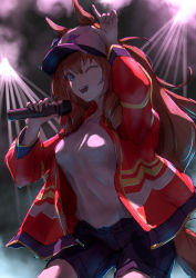 Rule 34 | 1girl, absurdres, alternate costume, animal ears, arm up, baseball cap, black shorts, blue eyes, breasts, brown hair, cowboy shot, ears through headwear, hat, highres, hip hop, holding, holding microphone, horse ears, horse girl, horse tail, jacket, long hair, long sleeves, looking at viewer, maruzensky (umamusume), medium breasts, microphone, one eye closed, open clothes, open jacket, open mouth, red jacket, shirt, shorts, smile, smoke, solo, stella (stella), tail, umamusume, white shirt