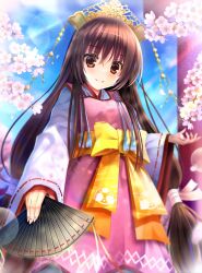 Rule 34 | 1girl, :3, absurdres, blush, bow, brown hair, cherry blossoms, closed mouth, commentary request, day, eyes visible through hair, feet out of frame, fingernails, flower, folding fan, hair between eyes, hair ribbon, hand fan, hand up, highres, holding, holding fan, japanese clothes, kimono, lens flare, long hair, long sleeves, looking at viewer, low-tied long hair, magatama print, outdoors, pink flower, red eyes, ribbon, ribbon-trimmed sleeves, ribbon trim, sash, smile, solo, split mouth, spring (season), standing, straight hair, tenshinranman, tiara, unohana no sakuyahime, very long hair, white kimono, white ribbon, wide sleeves, xiexianglg, yellow bow, yellow sash