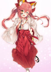 Rule 34 | 10s, 1girl, animal ear fluff, animal ears, blush, breasts, calligraphy brush, covered erect nipples, drawing on another&#039;s face, fate/extra, fate (series), fox ears, fox girl, fox tail, gradient background, hakama, hakama skirt, hand on own hip, highres, japanese clothes, kawai (purplrpouni), kimono, large breasts, long hair, long sleeves, looking at viewer, miko, new year, one eye closed, open mouth, paintbrush, pink hair, red hakama, sandals, sash, sidelocks, skirt, smile, socks, solo, tail, tamamo (fate), tamamo no mae (fate/extra), twintails, white kimono, wide sleeves, yellow eyes