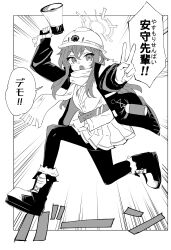 Rule 34 | 1girl, 1koma, absurdres, arm up, belt, blue archive, boots, canister, cardigan, comic, commentary request, damao (kiwa777), emphasis lines, floating hair, full body, fur-trimmed boots, fur-trimmed jacket, fur trim, greyscale, halo, hard hat, helmet, highres, holding, holding megaphone, hood, hood down, hooded jacket, jacket, leggings, light blush, long hair, looking at viewer, megaphone, midair, minori (blue archive), monochrome, open clothes, open jacket, open mouth, outstretched hand, pleated skirt, pose imitation, reference request, scarf, sidelocks, skirt, solo, sound effects, translation request, v