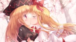 Rule 34 | 2girls, black capelet, black dress, black headwear, blonde hair, blush, bow, capelet, cherry blossoms, commentary request, day, dress, closed eyes, fairy wings, from side, hat, hat bow, highres, kiss, lily black, lily white, long hair, lzh, multiple girls, outdoors, petals, profile, red bow, red eyes, sidelocks, surprised, tareme, touhou, transparent wings, tree, upper body, white capelet, white dress, white headwear, wide-eyed, wings, yuri