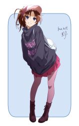 Rule 34 | 1girl, :d, backpack, bag, baseball cap, black sweater, blue background, boots, brown hair, casual, clothes writing, cross-laced footwear, dated, full body, grin, hands in pockets, hat, hibike! euphonium, high collar, highres, knee boots, lace-up boots, leaning to the side, long sleeves, looking at viewer, miniskirt, nakagawa natsuki, nii manabu, open mouth, pantyhose, parted bangs, pink hat, pink pantyhose, pink skirt, pleated skirt, ponytail, purple eyes, purple footwear, short hair, signature, skirt, smile, solo, standing, sweater, teeth, two-tone background, zipper