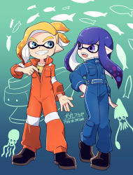 Rule 34 | 1boy, 1girl, aqua eyes, artist name, blonde hair, blue eyes, blue hair, blue jumpsuit, blunt bangs, commentary request, fangs, fish, full body, grin, hand on own hip, inkling, inkling boy, inkling girl, inkling player character, inumaru akagi, jumpsuit, long hair, long sleeves, looking at another, nintendo, octopus, open clothes, open mouth, orange jumpsuit, pixiv id, pointy ears, sharp teeth, shirt, short hair, smile, splatoon (series), splatoon 2, squid, standing, teeth, tentacle hair, v-shaped eyebrows, yellow shirt