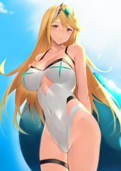 Rule 34 | 1girl, 3:, alternate costume, arm behind back, bare shoulders, blonde hair, blue sky, blush, breasts, brown eyes, cleavage, closed mouth, clothing cutout, collarbone, competition swimsuit, covered navel, day, frown, groin, highleg, highleg swimsuit, innertube, kameponde, large breasts, long hair, looking at viewer, mythra (radiant beach) (xenoblade), mythra (xenoblade), nintendo, one-piece swimsuit, outdoors, sky, solo, straight hair, swept bangs, swim ring, swimsuit, thigh strap, tiara, underboob, underboob cutout, very long hair, white one-piece swimsuit, xenoblade chronicles (series), xenoblade chronicles 2