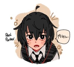 Rule 34 | 1girl, ahoge, black eyes, black hair, black necktie, black sweater vest, blush, bright pupils, brown background, character name, close-up, commentary, cyanidegray, dress shirt, english commentary, english text, frown, hair between eyes, long bangs, looking at viewer, lower teeth only, marvel, necktie, notice lines, open mouth, peni parker, portrait, school uniform, shirt, sketch, solo, speech bubble, spider-man: across the spider-verse, spider-man (series), spider-verse, sweater vest, teeth, white background, white pupils, white shirt