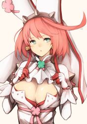 Rule 34 | 1girl, :o, bad id, bad twitter id, blue eyes, blush, breasts, cleavage, cleavage cutout, clothing cutout, clover, dress, earrings, elphelt valentine, four-leaf clover, gloves, guilty gear, guilty gear xrd, hairband, hat, highres, jewelry, large breasts, long sleeves, looking at viewer, pink hair, pink ribbon, ribbon, short hair, snm (sunimi), solo, upper body, veil, white dress, white gloves