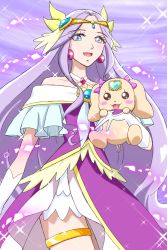 Rule 34 | 2girls, animal ears, bow, commentary request, cure earth, dog, ear ribbon, earrings, fuurin asumi, graphite (medium), healin&#039; good precure, healing animal, highres, jewelry, latte (precure), moritakusan, multiple girls, precure, purple hair, sparkle, thighs, traditional media