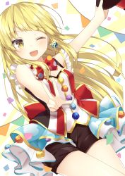 Rule 34 | 1girl, :d, absurdres, bang dream!, bare arms, black shorts, blonde hair, bow, bowtie, breasts, cleavage, cloud print, commentary request, confetti, detached sleeves, dot nose, dress, earrings, frilled sleeves, frills, happy, hat, highres, holding, holding clothes, holding hat, jewelry, komomo (ptkrx), layered skirt, long hair, medium breasts, multicolored clothes, one eye closed, open mouth, outstretched arms, polka dot, polka dot bow, polka dot neckwear, pom pom (clothes), red bow, red bowtie, short shorts, short sleeves, shorts, sidelocks, simple background, skirt, sleeveless, smile, solo, thighs, tsurumaki kokoro, unworn hat, unworn headwear, v, very long hair, yellow eyes