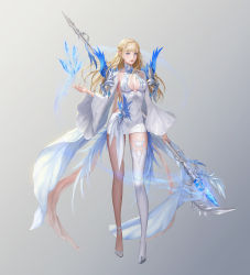 Rule 34 | 1girl, absurdres, blonde hair, blue eyes, breasts, cleavage, elf, highres, holding, holding staff, long hair, looking to the side, magic, min a, open hand, original, pointy ears, single thighhigh, small breasts, solo, staff, thighhighs, white background