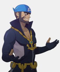 Rule 34 | 1boy, anchor necklace, archie (pokemon), bandana, beard, belt, black eyes, blue bandana, blue bodysuit, bodysuit, brown hair, chain belt, chain necklace, commentary request, creatures (company), dark-skinned male, dark skin, diving suit, facial hair, game freak, grn, jaho, jewelry, logo, looking to the side, male focus, multicolored bodysuit, multicolored clothes, mustache, necklace, nintendo, pokemon, pokemon oras, popped collar, short hair, smile, solo, team aqua, teeth, wetsuit, white bodysuit, yellow belt