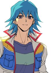 Rule 34 | 1boy, absurdres, blue hair, blue shirt, bruno (yu-gi-oh!), closed mouth, high collar, highres, jacket, looking at viewer, male focus, purple eyes, shirt, short hair, simple background, smile, solo, standing, t-shirt, upper body, white background, youko-shima, yu-gi-oh!, yu-gi-oh! 5d&#039;s
