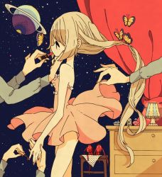 Rule 34 | 1girl, blonde hair, bug, butterfly, dress, insect, kurokeisin, lipstick, long hair, makeup, nail polish, original, ponytail, red eyes, red theme, solo focus, space, star (symbol)